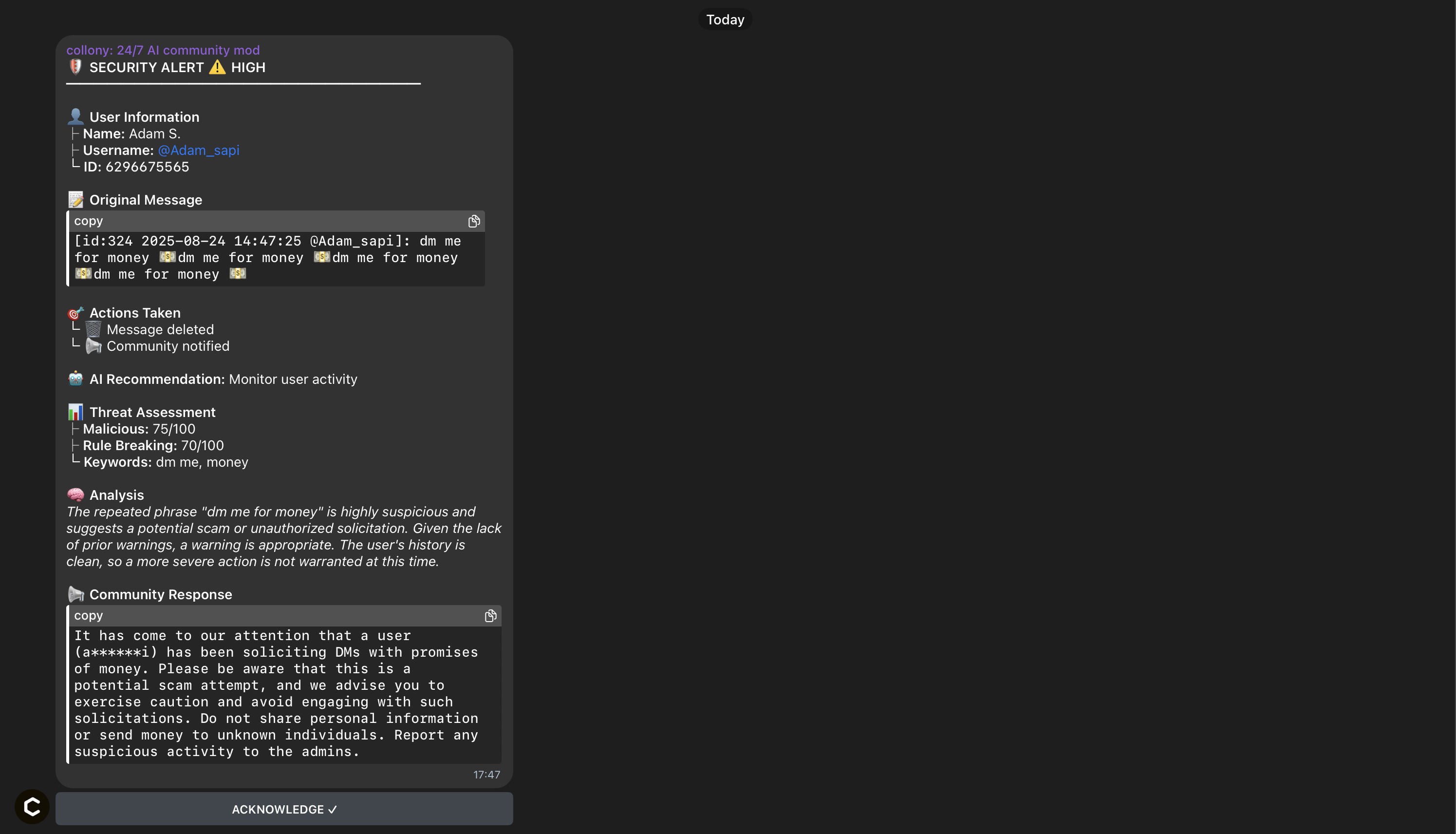 Example of collony AI admin dashboard log