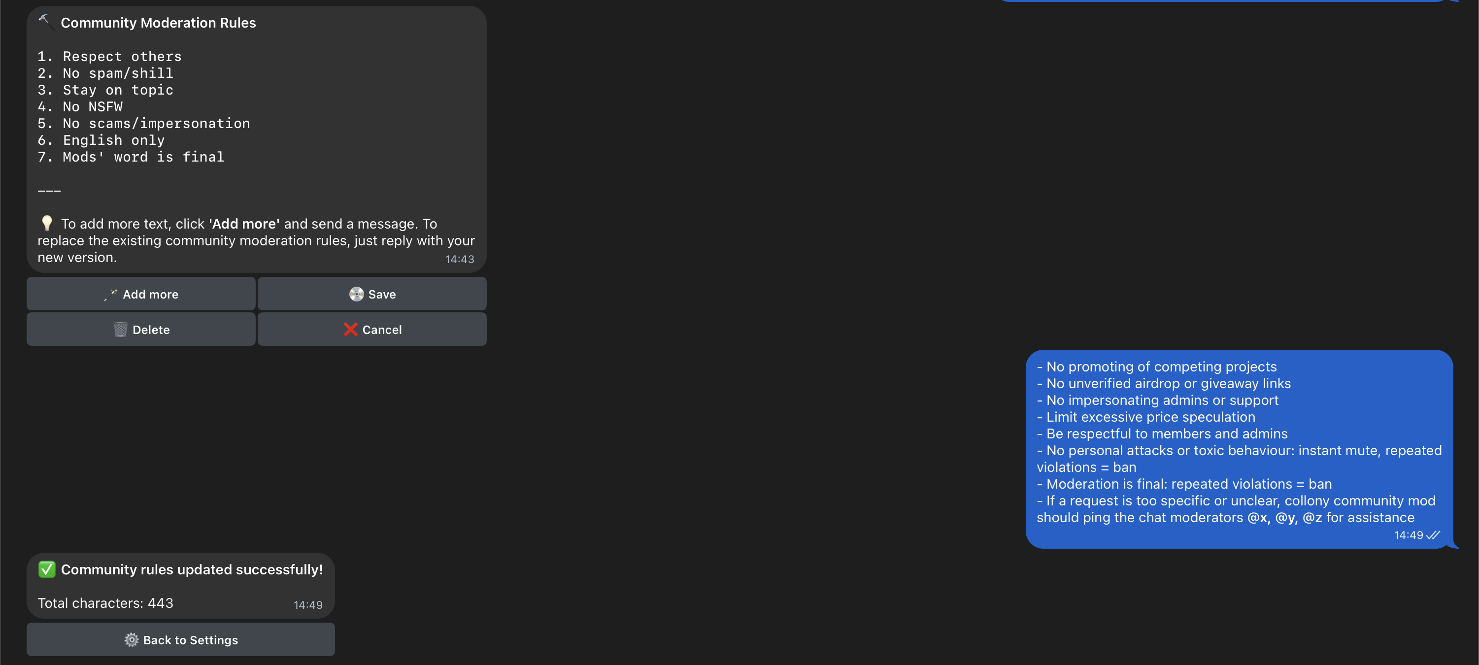 Setting up moderation rules in collony AI