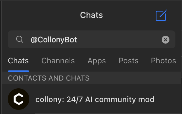 Search results for collony AI on Telegram