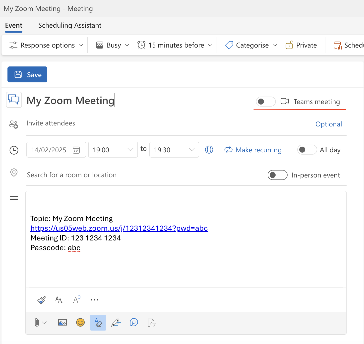 Screenshot of a 'Microsoft Calendar event' with a zoom url