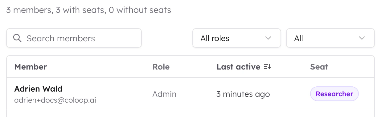 Seats page showing seat counts for a seat-limited organisation