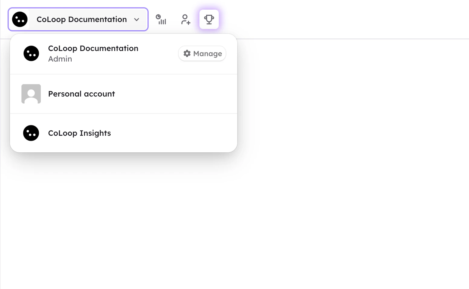 Organisation menu with the Manage button visible
