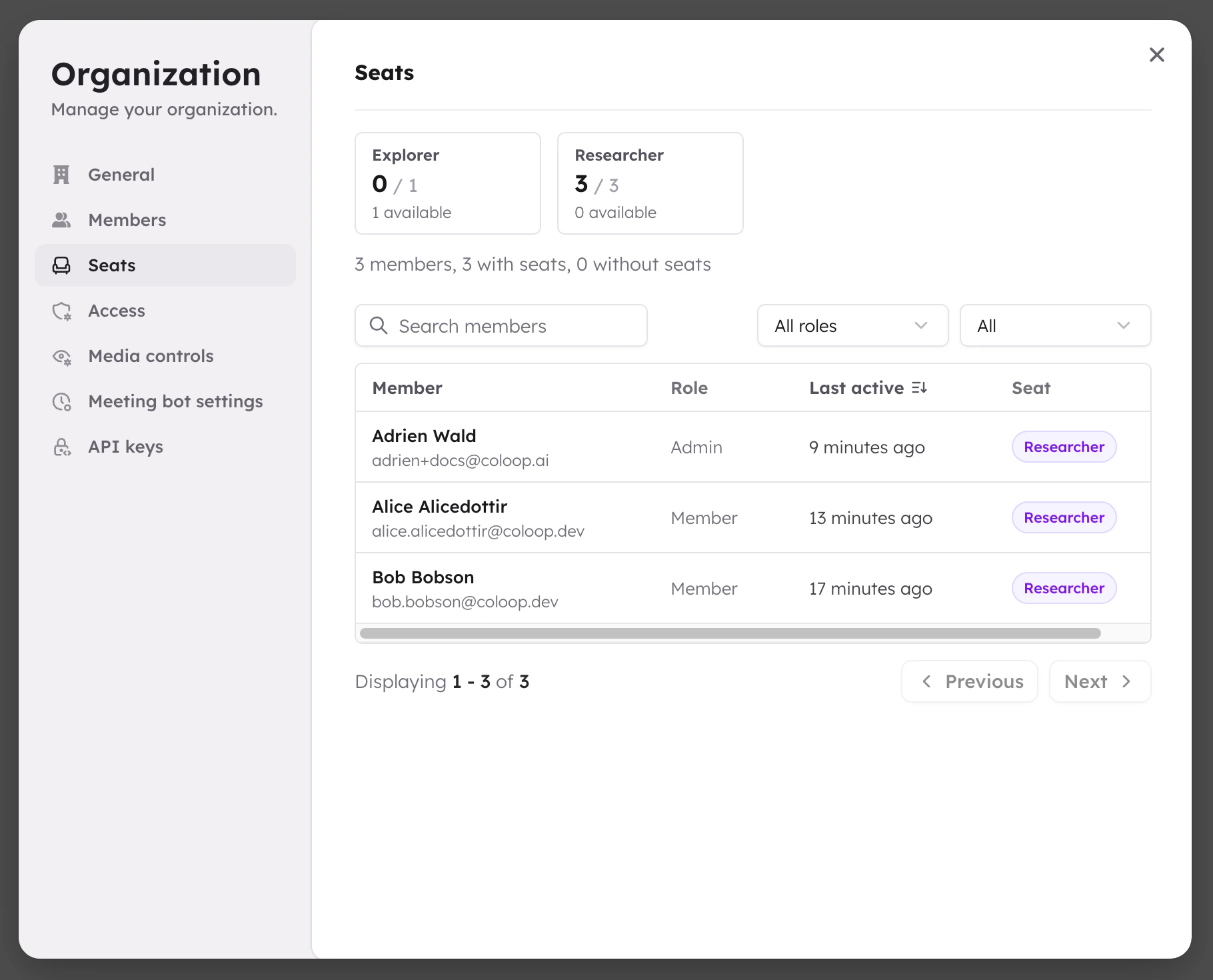 Seats page inside organisation settings