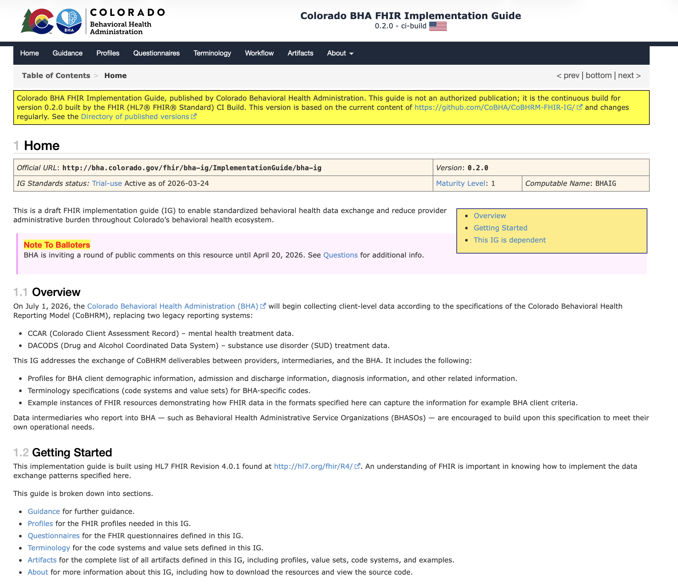 Colorado BHA FHIR Implementation Guide homepage