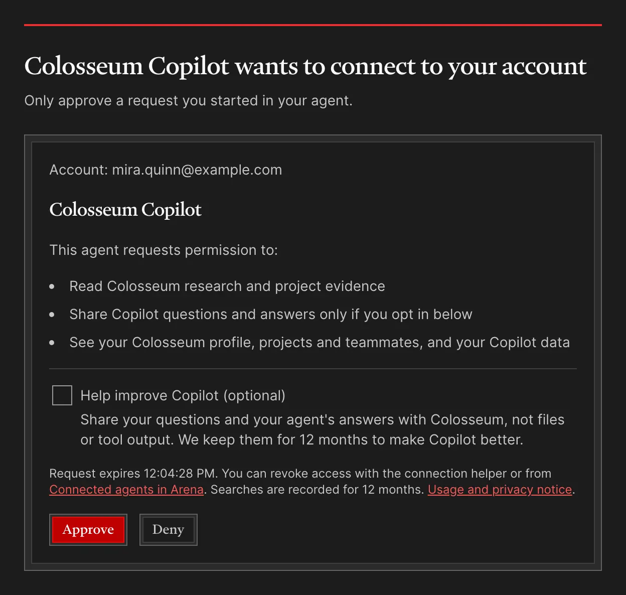 The sign-in page: Colosseum Copilot wants to connect to your account. It shows the account, the permissions requested, an optional box to help improve Copilot, and Approve and Deny buttons.