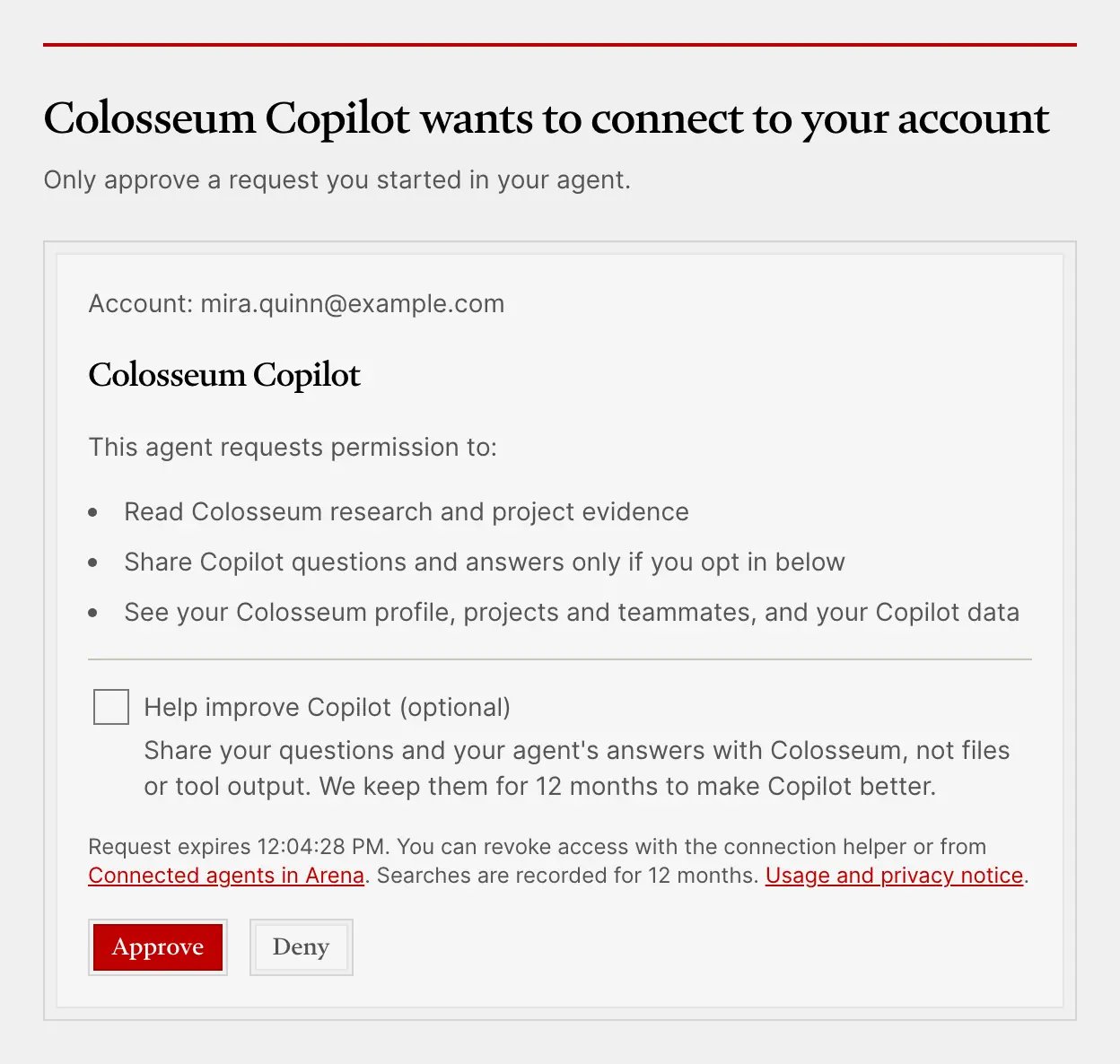 The sign-in page: Colosseum Copilot wants to connect to your account. It shows the account, the permissions requested, an optional box to help improve Copilot, and Approve and Deny buttons.