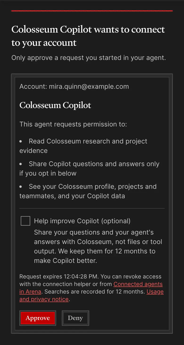 The sign-in page: Colosseum Copilot wants to connect to your account. It shows the account, the permissions requested, an optional box to help improve Copilot, and Approve and Deny buttons.