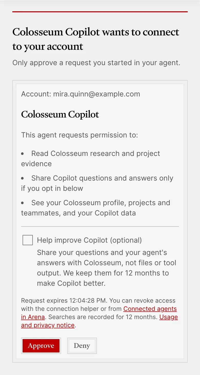 The sign-in page: Colosseum Copilot wants to connect to your account. It shows the account, the permissions requested, an optional box to help improve Copilot, and Approve and Deny buttons.
