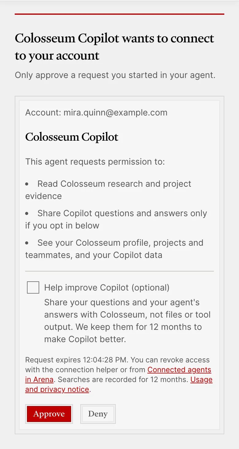 The sign-in page: Colosseum Copilot wants to connect to your account. It shows the account, the permissions requested, an optional box to help improve Copilot, and Approve and Deny buttons.
