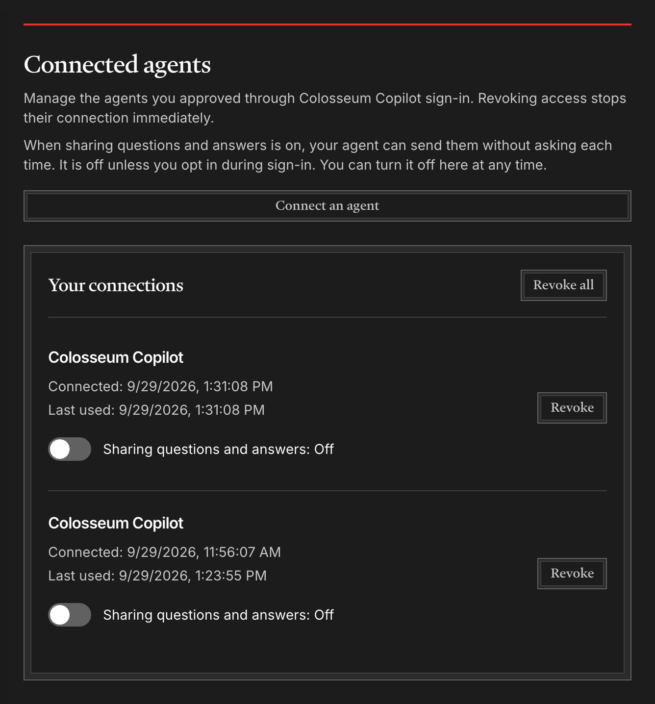 The Connected agents page in Arena, listing each connected agent with its sharing setting and a Disconnect button.