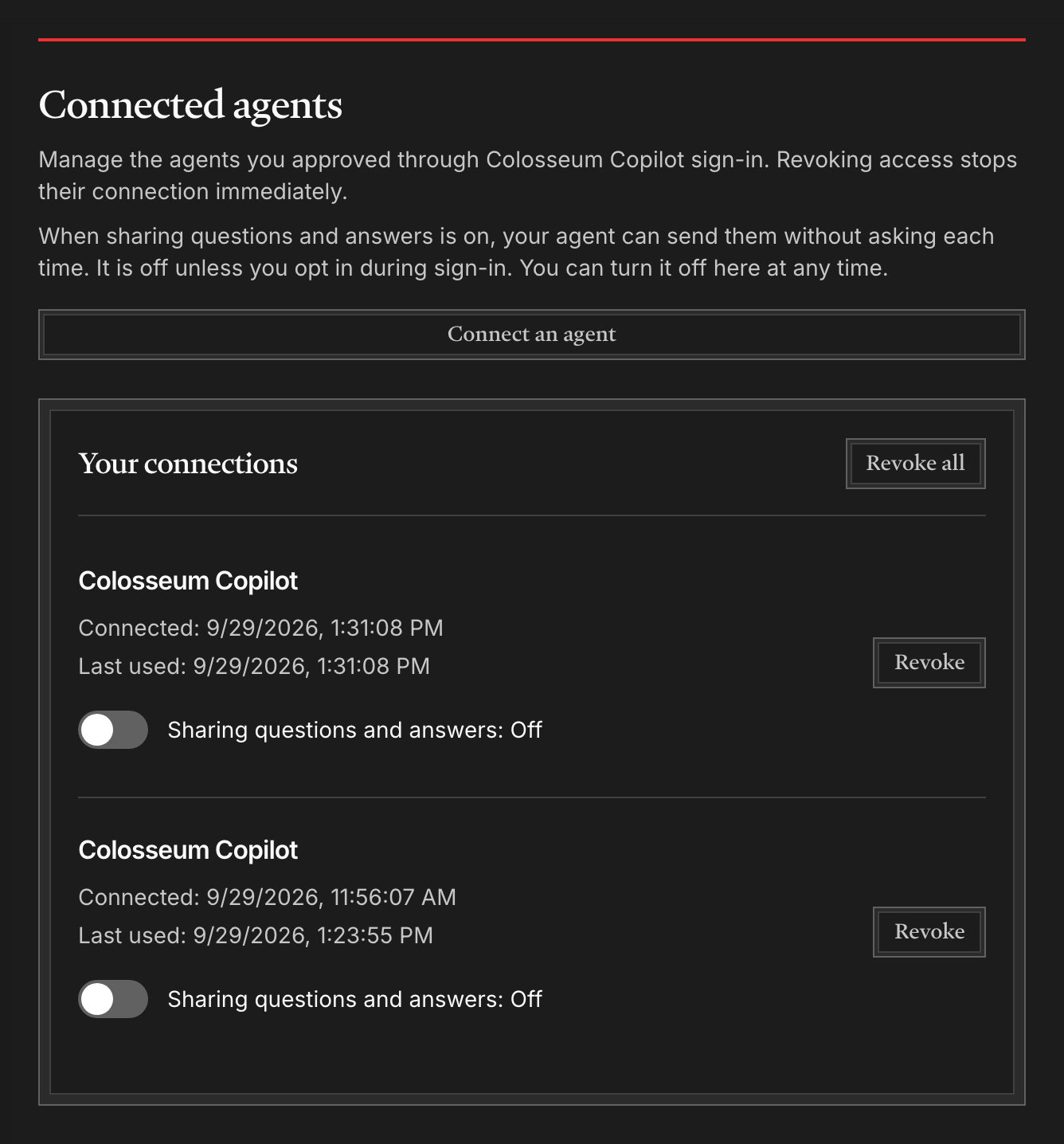 The Connected agents page in Arena, listing each connected agent with its sharing setting and a Disconnect button.
