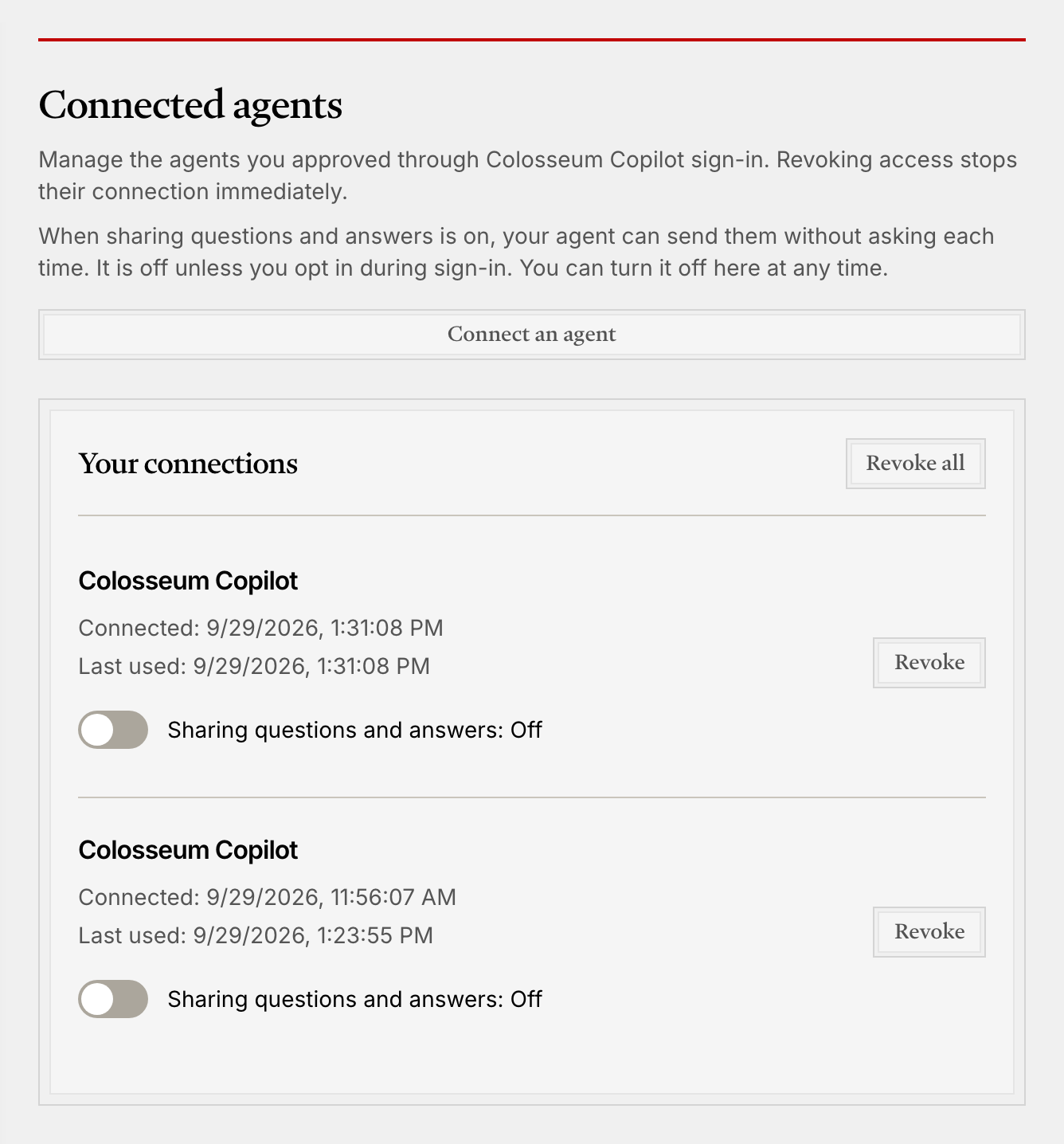 The Connected agents page in Arena, listing each connected agent with its sharing setting and a Disconnect button.