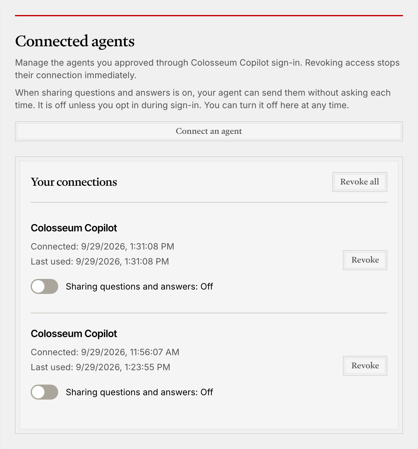 The Connected agents page in Arena, listing each connected agent with its sharing setting and a Disconnect button.