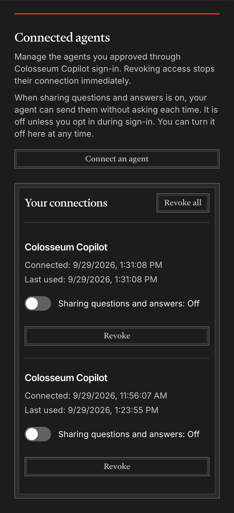 The Connected agents page in Arena, listing each connected agent with its sharing setting and a Disconnect button.