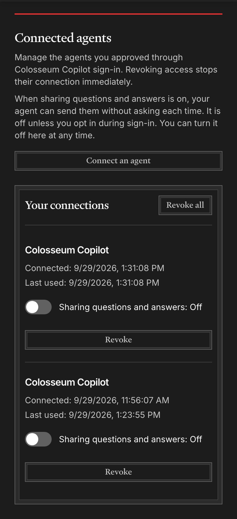The Connected agents page in Arena, listing each connected agent with its sharing setting and a Disconnect button.