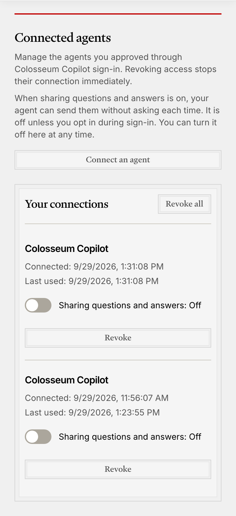 The Connected agents page in Arena, listing each connected agent with its sharing setting and a Disconnect button.