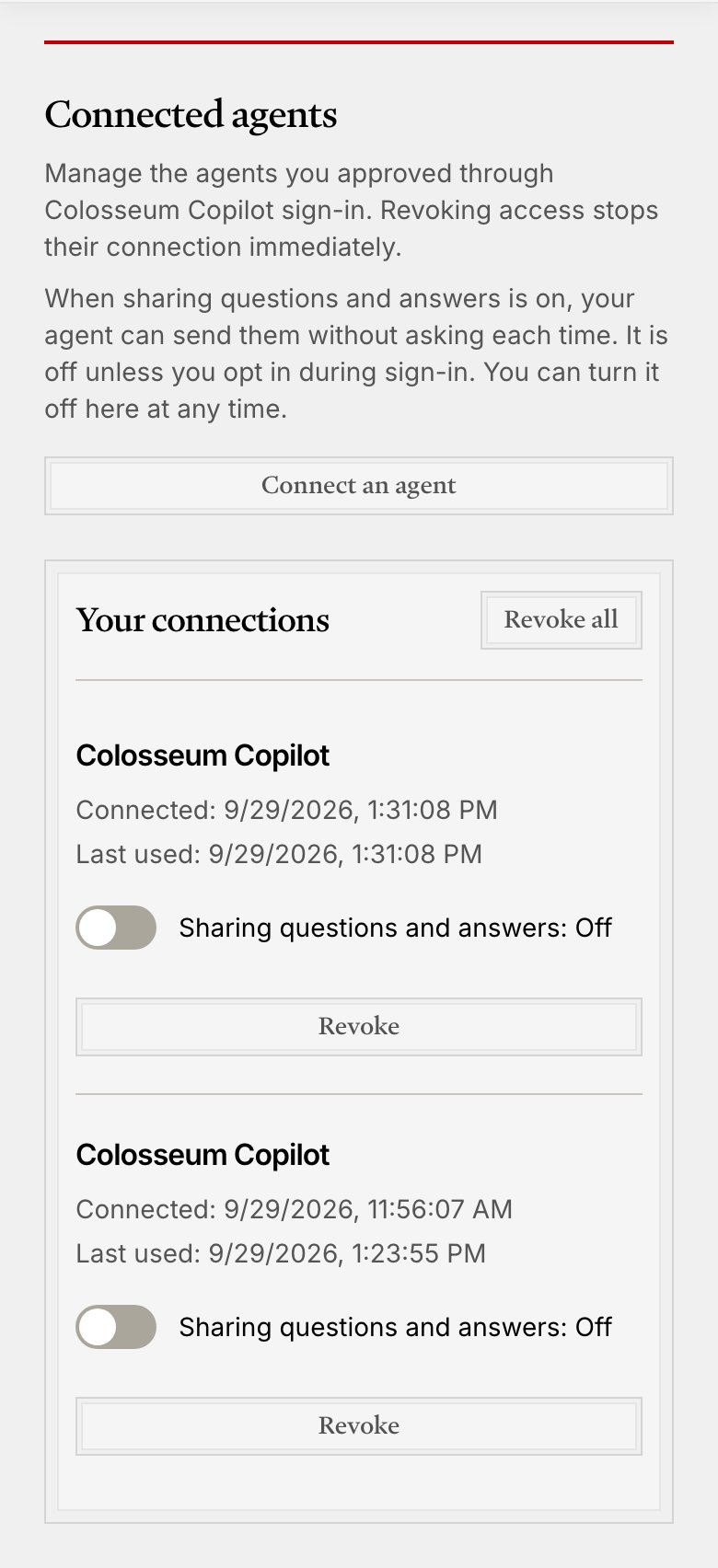 The Connected agents page in Arena, listing each connected agent with its sharing setting and a Disconnect button.