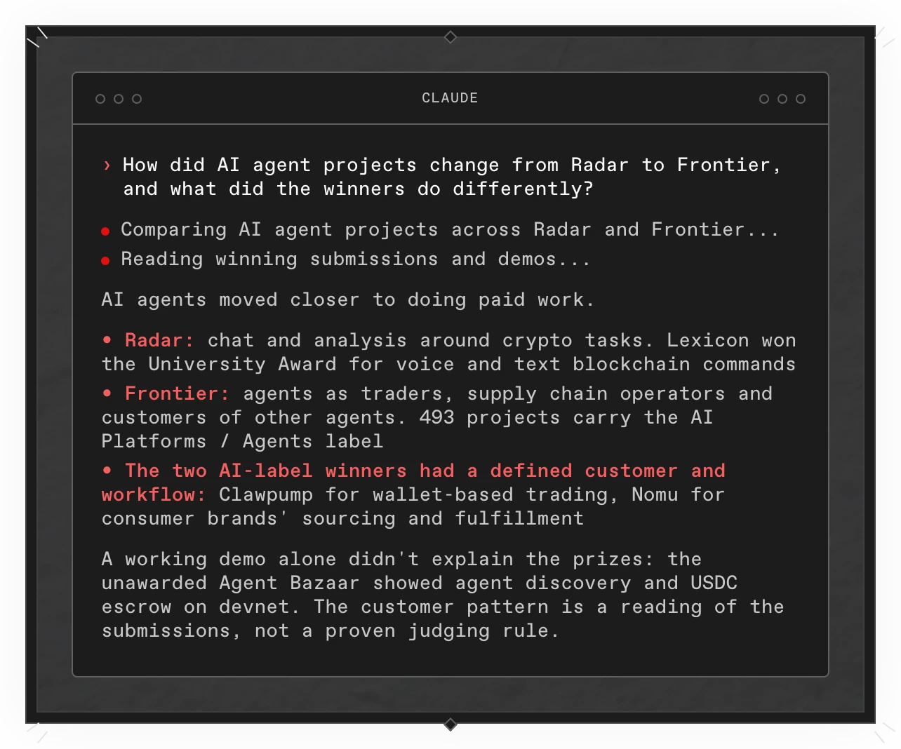 A Copilot answer in a terminal: from Radar to Frontier, AI agents moved closer to doing paid work. The two AI-label winners, Clawpump and Nomu, had a defined customer and workflow, a pattern the answer calls its own reading rather than a judging rule.
