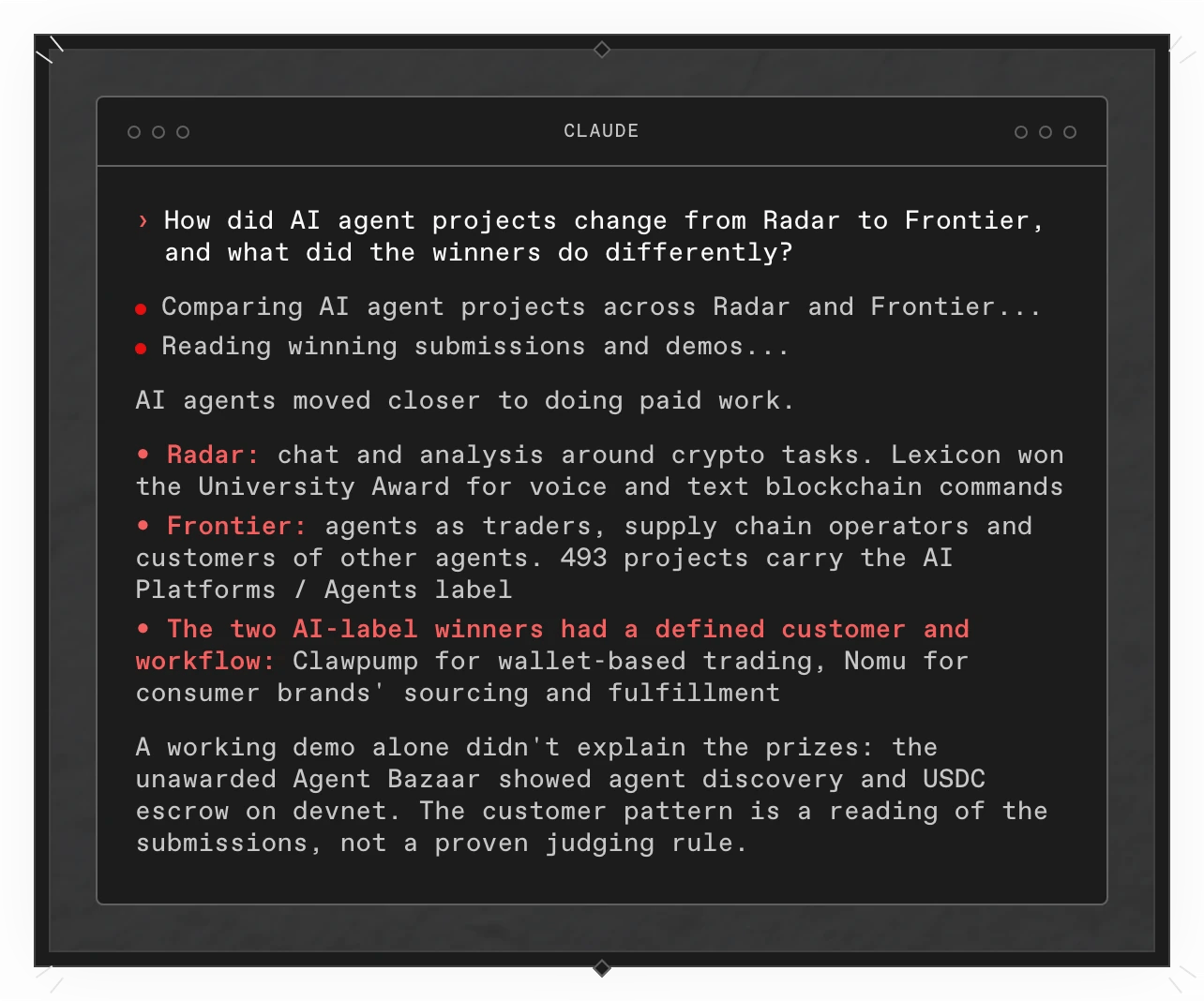 A Copilot answer in a terminal: from Radar to Frontier, AI agents moved closer to doing paid work. The two AI-label winners, Clawpump and Nomu, had a defined customer and workflow, a pattern the answer calls its own reading rather than a judging rule.