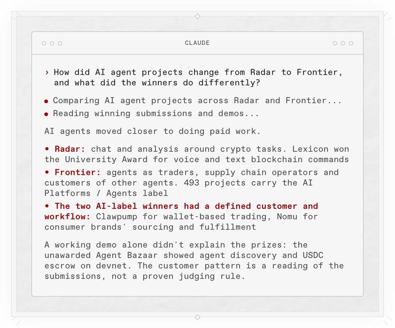 A Copilot answer in a terminal: from Radar to Frontier, AI agents moved closer to doing paid work. The two AI-label winners, Clawpump and Nomu, had a defined customer and workflow, a pattern the answer calls its own reading rather than a judging rule.