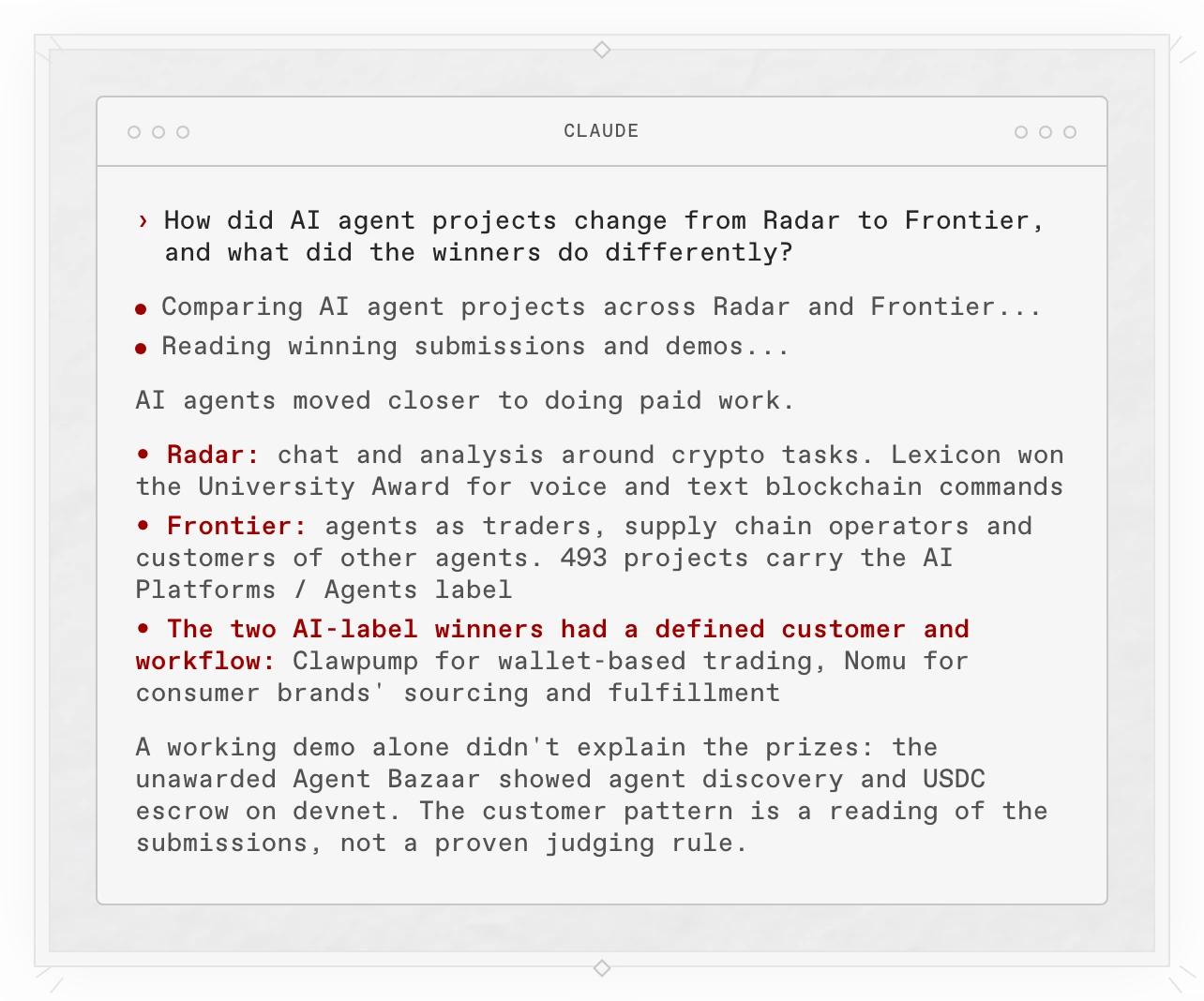 A Copilot answer in a terminal: from Radar to Frontier, AI agents moved closer to doing paid work. The two AI-label winners, Clawpump and Nomu, had a defined customer and workflow, a pattern the answer calls its own reading rather than a judging rule.