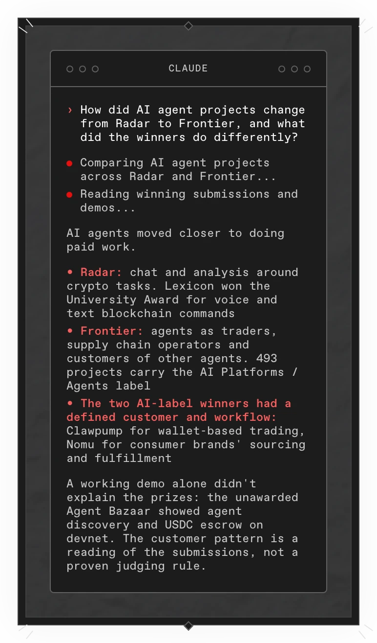A Copilot answer in a terminal: from Radar to Frontier, AI agents moved closer to doing paid work. The two AI-label winners, Clawpump and Nomu, had a defined customer and workflow, a pattern the answer calls its own reading rather than a judging rule.