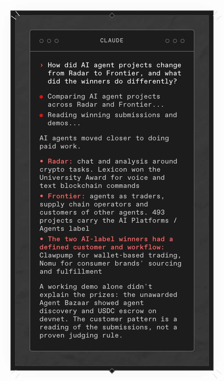 A Copilot answer in a terminal: from Radar to Frontier, AI agents moved closer to doing paid work. The two AI-label winners, Clawpump and Nomu, had a defined customer and workflow, a pattern the answer calls its own reading rather than a judging rule.