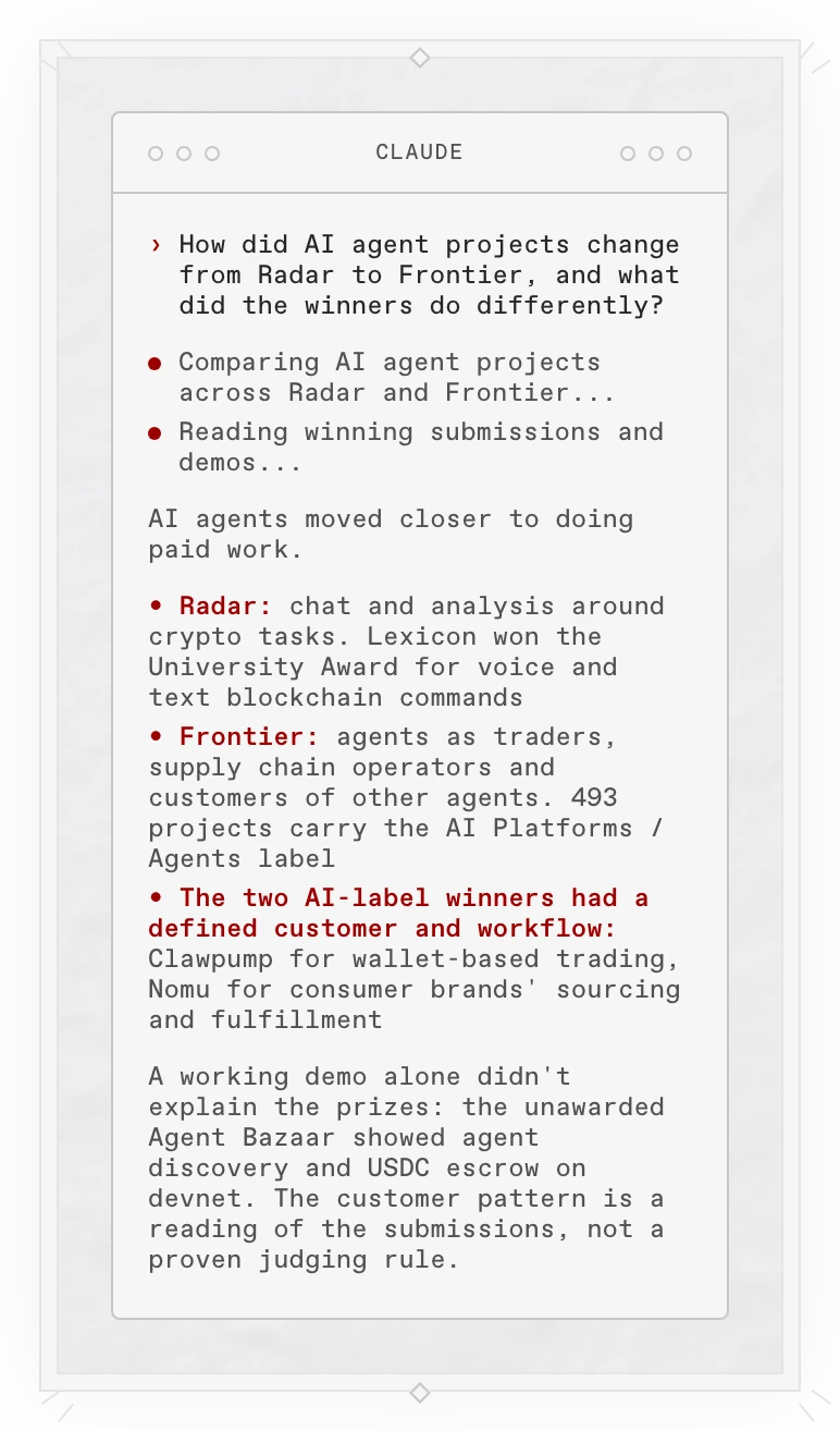 A Copilot answer in a terminal: from Radar to Frontier, AI agents moved closer to doing paid work. The two AI-label winners, Clawpump and Nomu, had a defined customer and workflow, a pattern the answer calls its own reading rather than a judging rule.
