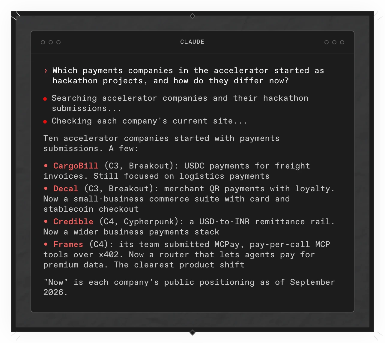 A Copilot answer in a terminal: ten accelerator companies started with payments submissions, including CargoBill, Decal, Credible and Frames, with what each submitted and how it differs now.