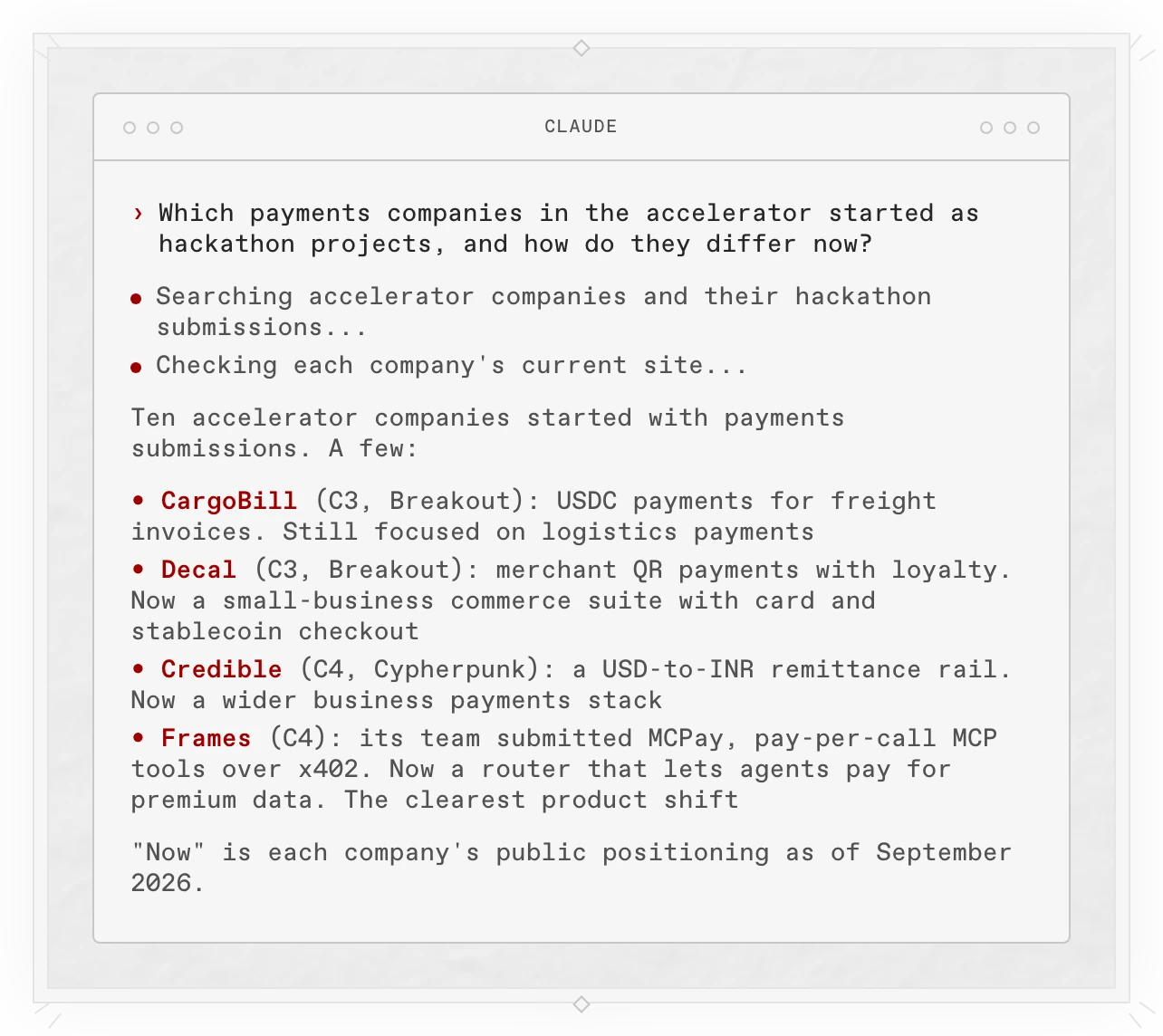 A Copilot answer in a terminal: ten accelerator companies started with payments submissions, including CargoBill, Decal, Credible and Frames, with what each submitted and how it differs now.
