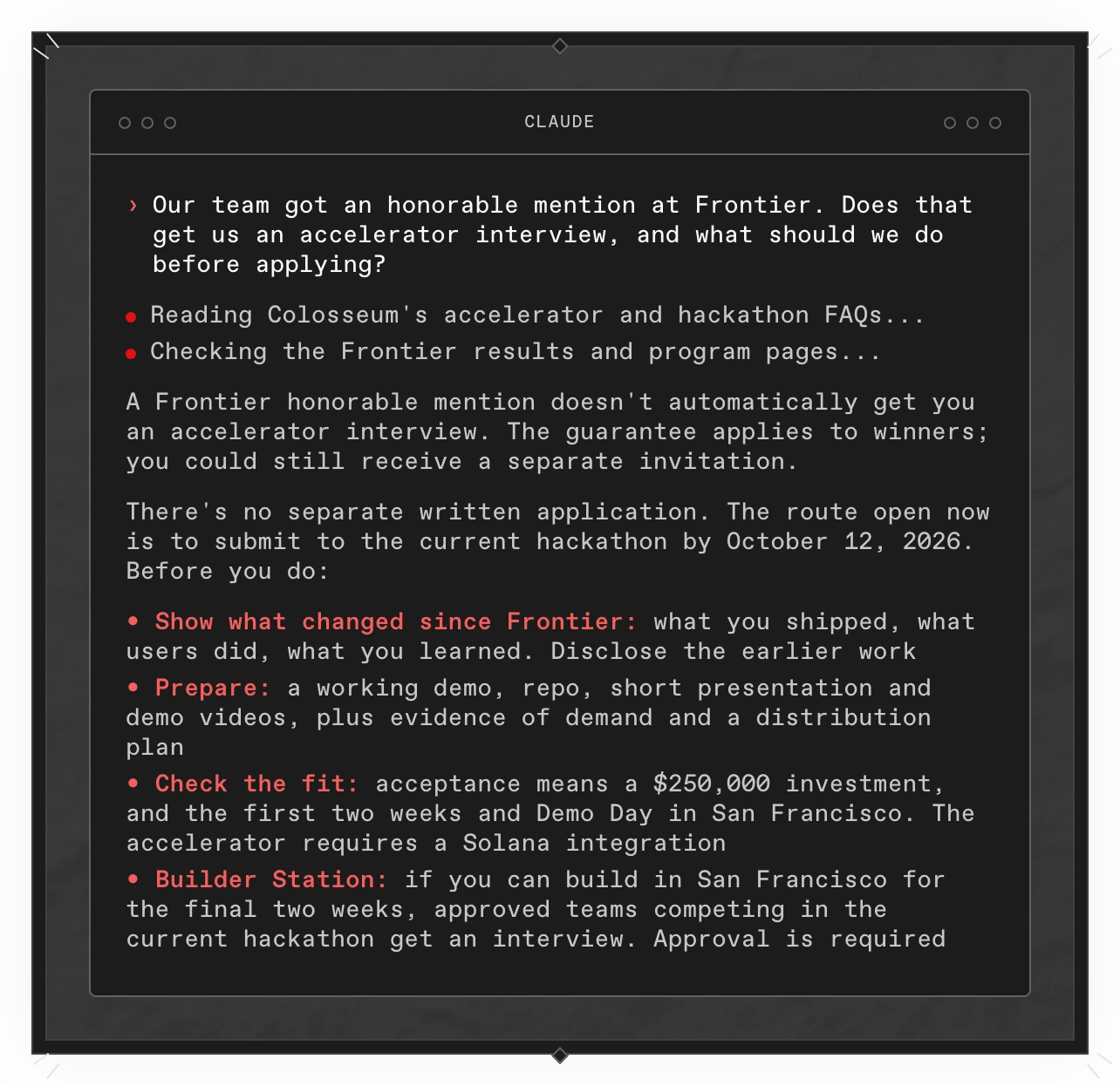 A Copilot answer in a terminal: a Frontier honorable mention doesn't automatically get an accelerator interview. It lists what to prepare before submitting to the current hackathon, the accelerator's terms, and the Builder Station route for approved teams.