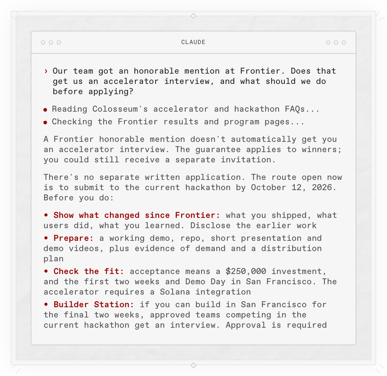 A Copilot answer in a terminal: a Frontier honorable mention doesn't automatically get an accelerator interview. It lists what to prepare before submitting to the current hackathon, the accelerator's terms, and the Builder Station route for approved teams.