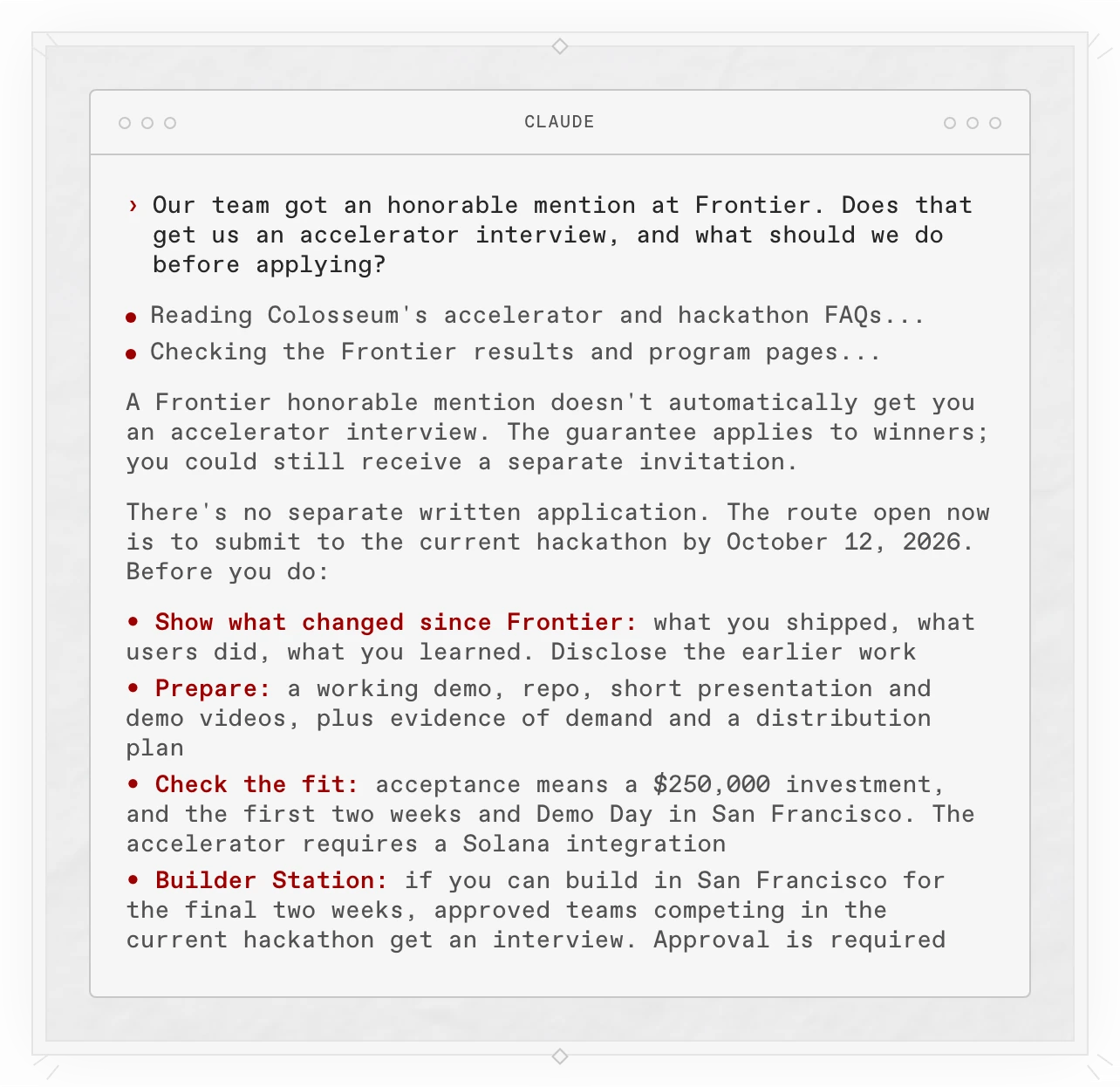 A Copilot answer in a terminal: a Frontier honorable mention doesn't automatically get an accelerator interview. It lists what to prepare before submitting to the current hackathon, the accelerator's terms, and the Builder Station route for approved teams.