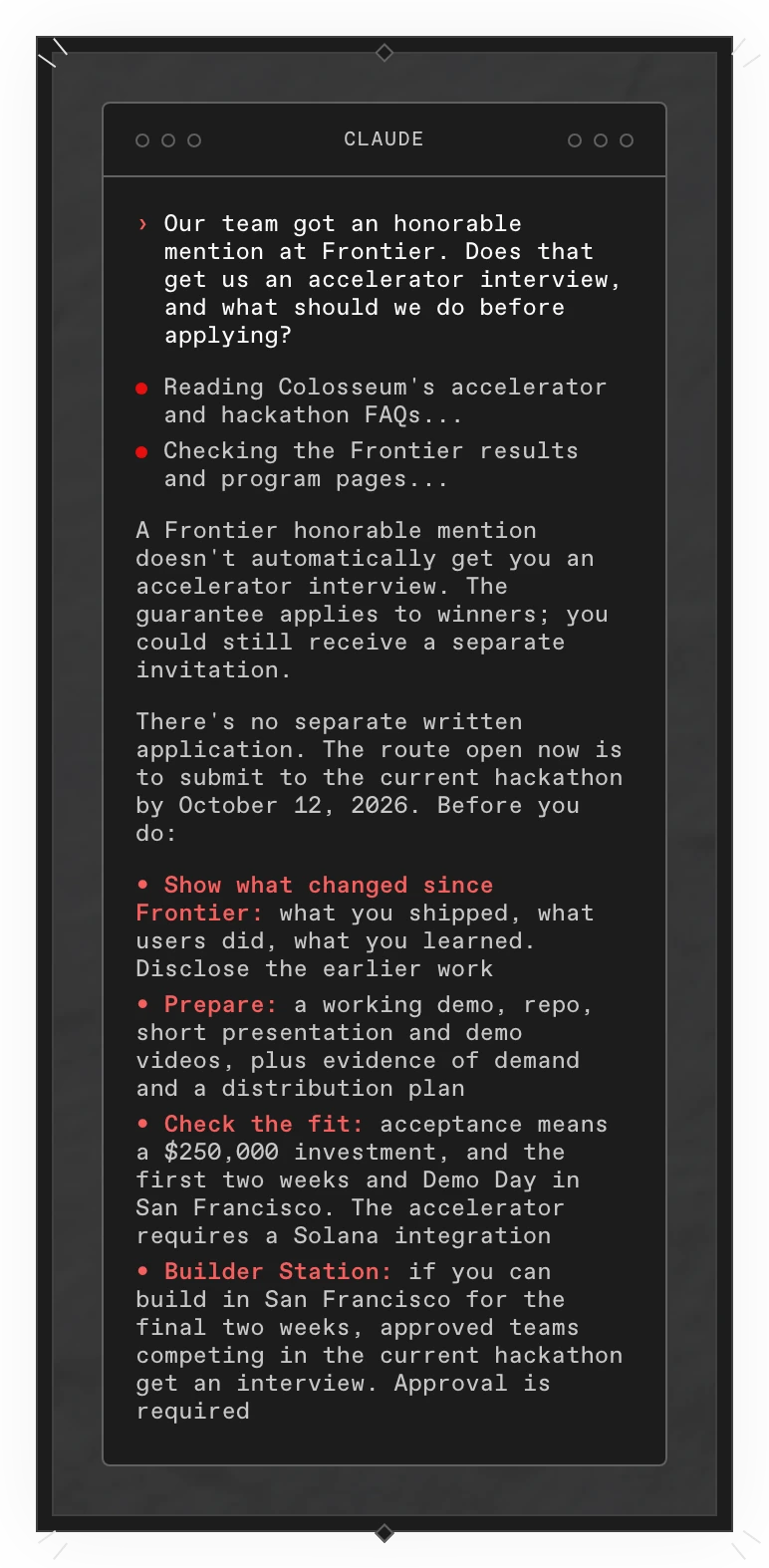 A Copilot answer in a terminal: a Frontier honorable mention doesn't automatically get an accelerator interview. It lists what to prepare before submitting to the current hackathon, the accelerator's terms, and the Builder Station route for approved teams.