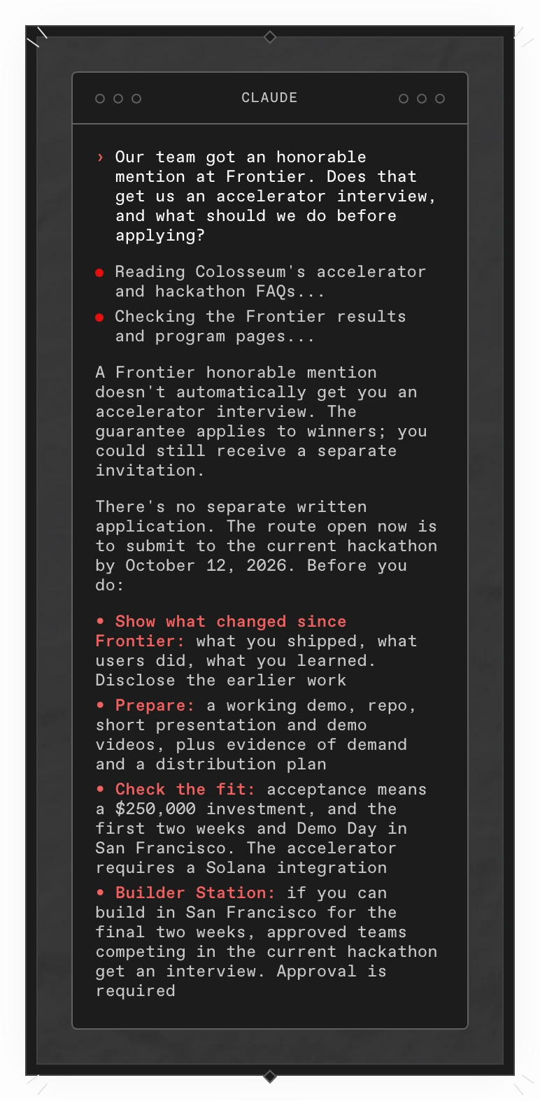 A Copilot answer in a terminal: a Frontier honorable mention doesn't automatically get an accelerator interview. It lists what to prepare before submitting to the current hackathon, the accelerator's terms, and the Builder Station route for approved teams.