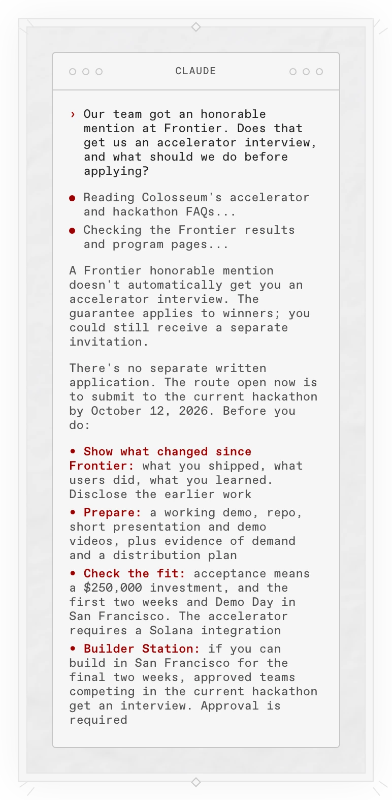 A Copilot answer in a terminal: a Frontier honorable mention doesn't automatically get an accelerator interview. It lists what to prepare before submitting to the current hackathon, the accelerator's terms, and the Builder Station route for approved teams.