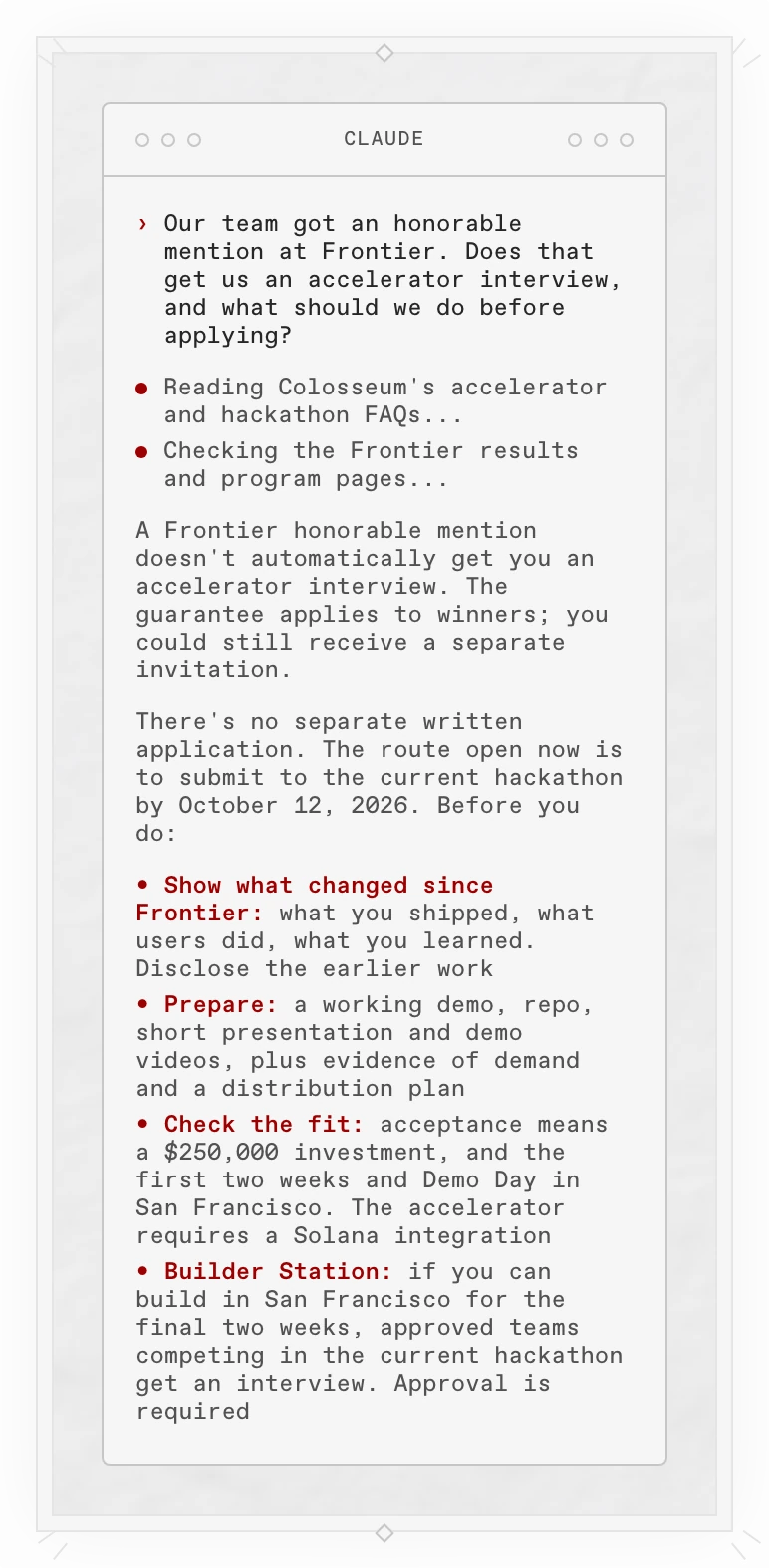 A Copilot answer in a terminal: a Frontier honorable mention doesn't automatically get an accelerator interview. It lists what to prepare before submitting to the current hackathon, the accelerator's terms, and the Builder Station route for approved teams.