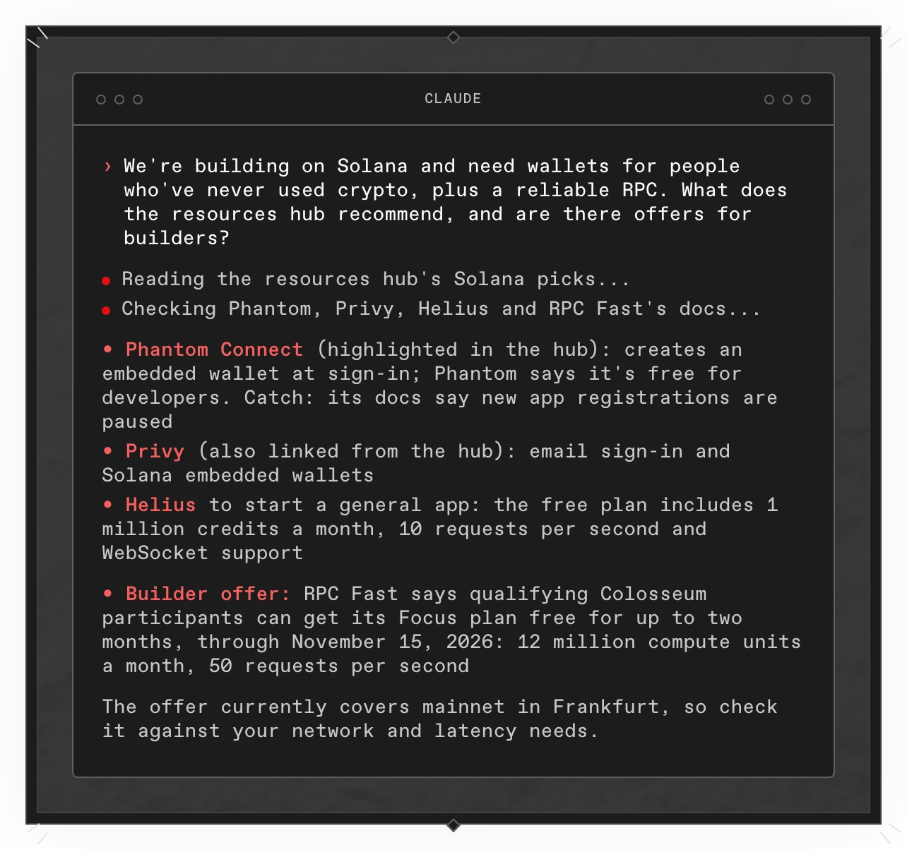 A Copilot answer in a terminal: the resources hub highlights Phantom Connect, whose docs say new app registrations are paused, and also links Privy. Helius's free plan suits a general app, and RPC Fast offers qualifying Colosseum participants its Focus plan free for up to two months, through November 15, 2026.