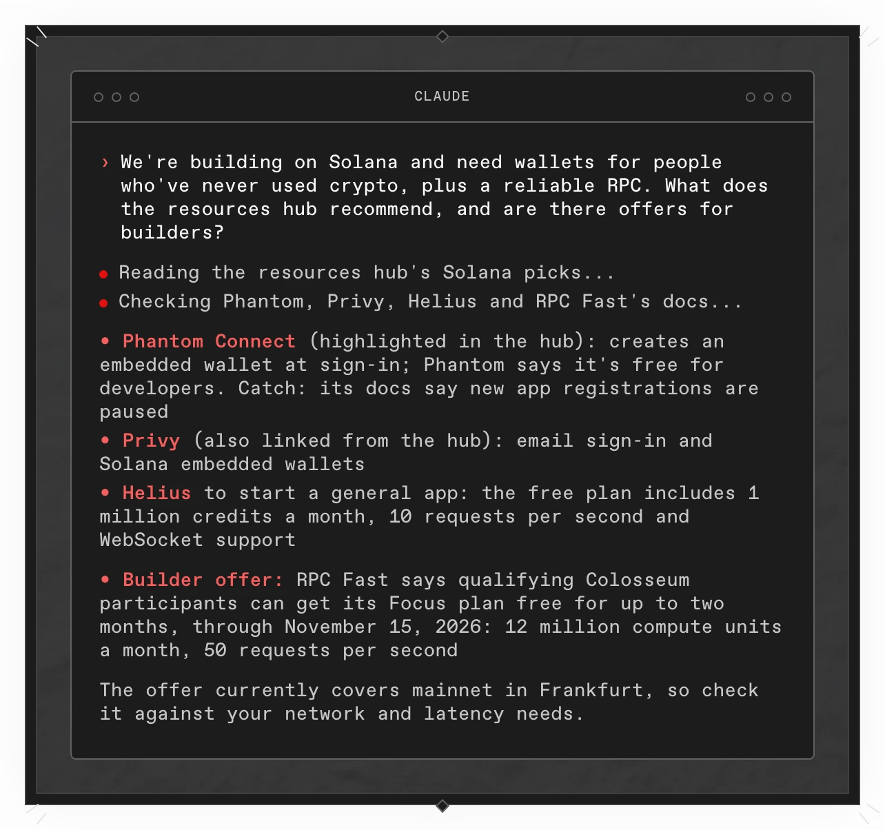 A Copilot answer in a terminal: the resources hub highlights Phantom Connect, whose docs say new app registrations are paused, and also links Privy. Helius's free plan suits a general app, and RPC Fast offers qualifying Colosseum participants its Focus plan free for up to two months, through November 15, 2026.