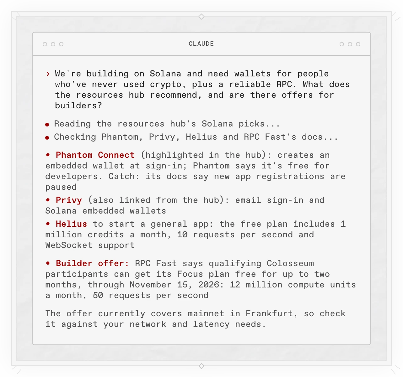 A Copilot answer in a terminal: the resources hub highlights Phantom Connect, whose docs say new app registrations are paused, and also links Privy. Helius's free plan suits a general app, and RPC Fast offers qualifying Colosseum participants its Focus plan free for up to two months, through November 15, 2026.
