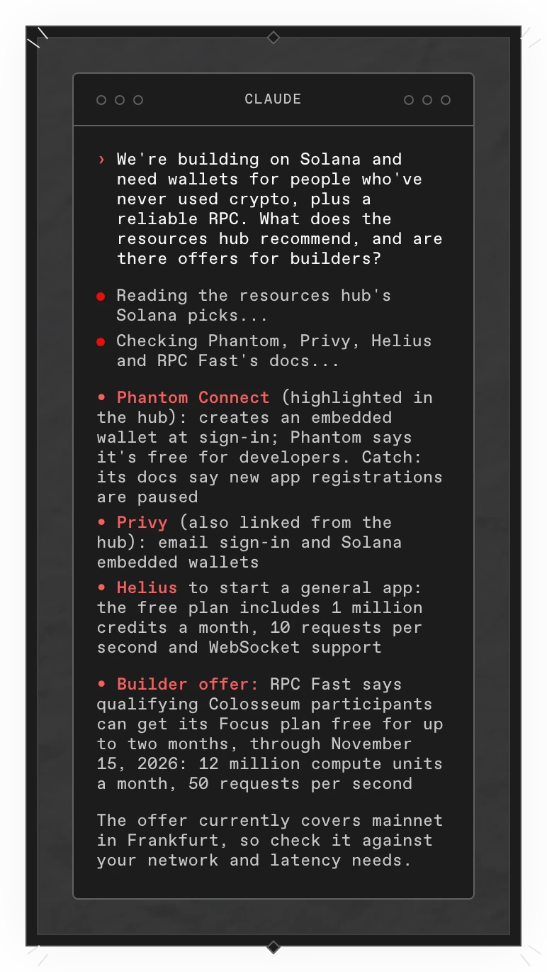 A Copilot answer in a terminal: the resources hub highlights Phantom Connect, whose docs say new app registrations are paused, and also links Privy. Helius's free plan suits a general app, and RPC Fast offers qualifying Colosseum participants its Focus plan free for up to two months, through November 15, 2026.