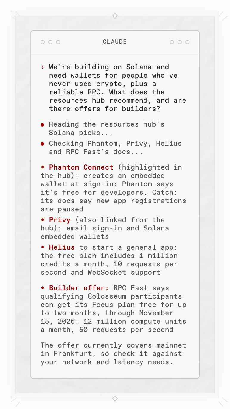 A Copilot answer in a terminal: the resources hub highlights Phantom Connect, whose docs say new app registrations are paused, and also links Privy. Helius's free plan suits a general app, and RPC Fast offers qualifying Colosseum participants its Focus plan free for up to two months, through November 15, 2026.