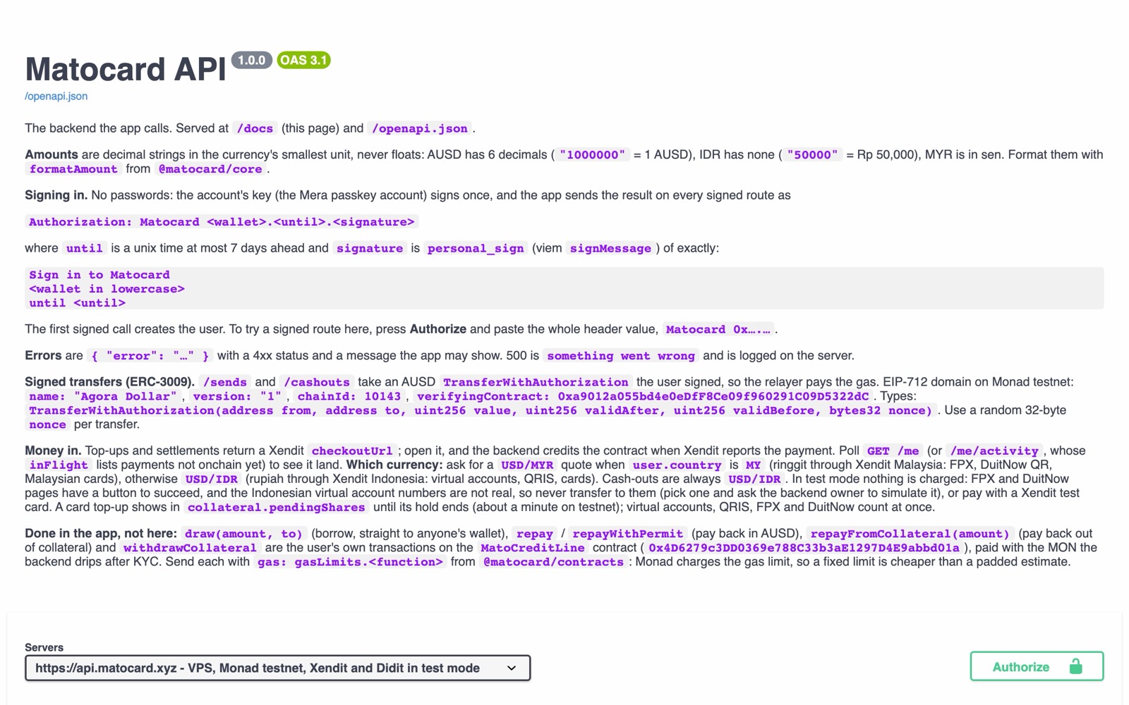 Matocard API in Swagger