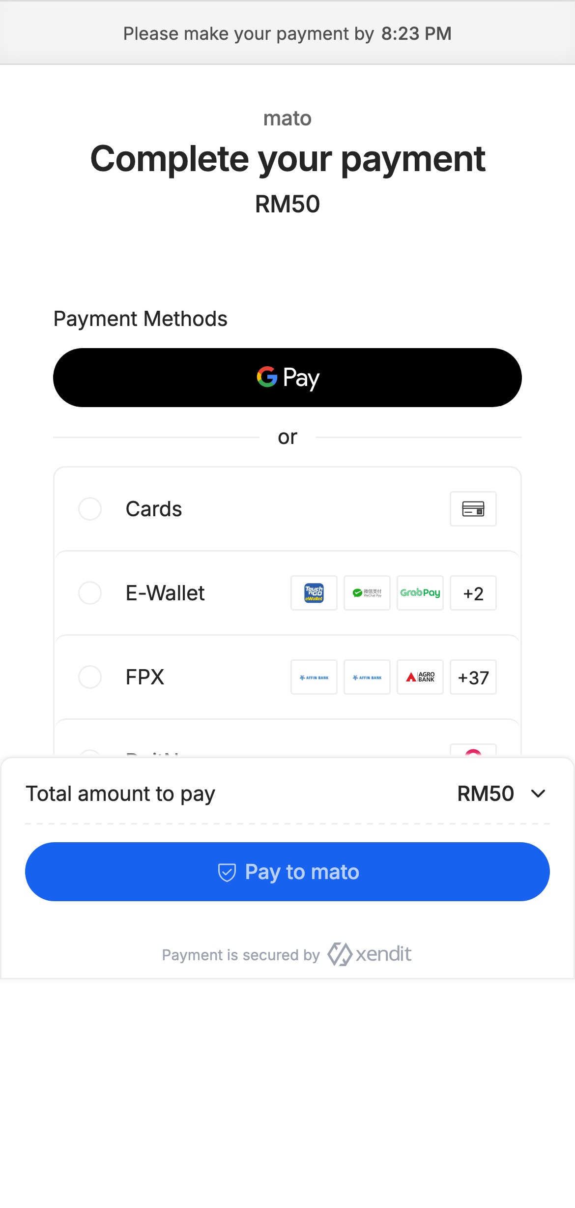 Xendit checkout in ringgit