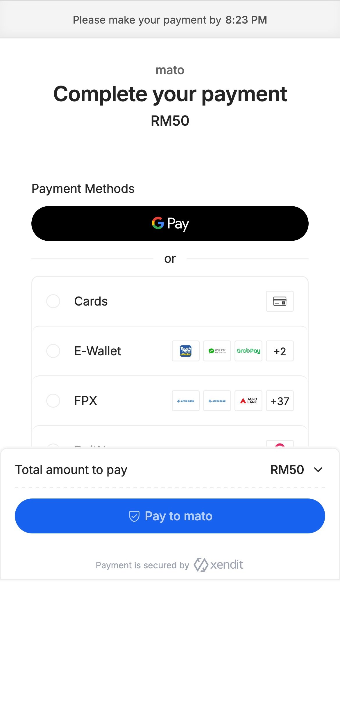 Xendit checkout in ringgit