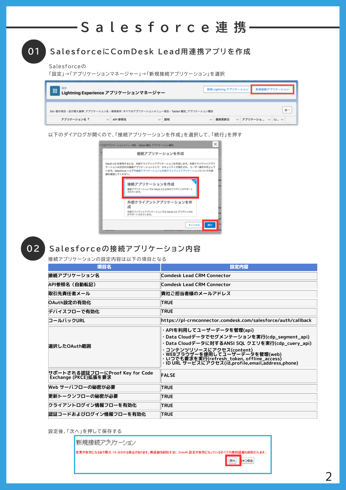 Salesforceの接続アプリケーション内容