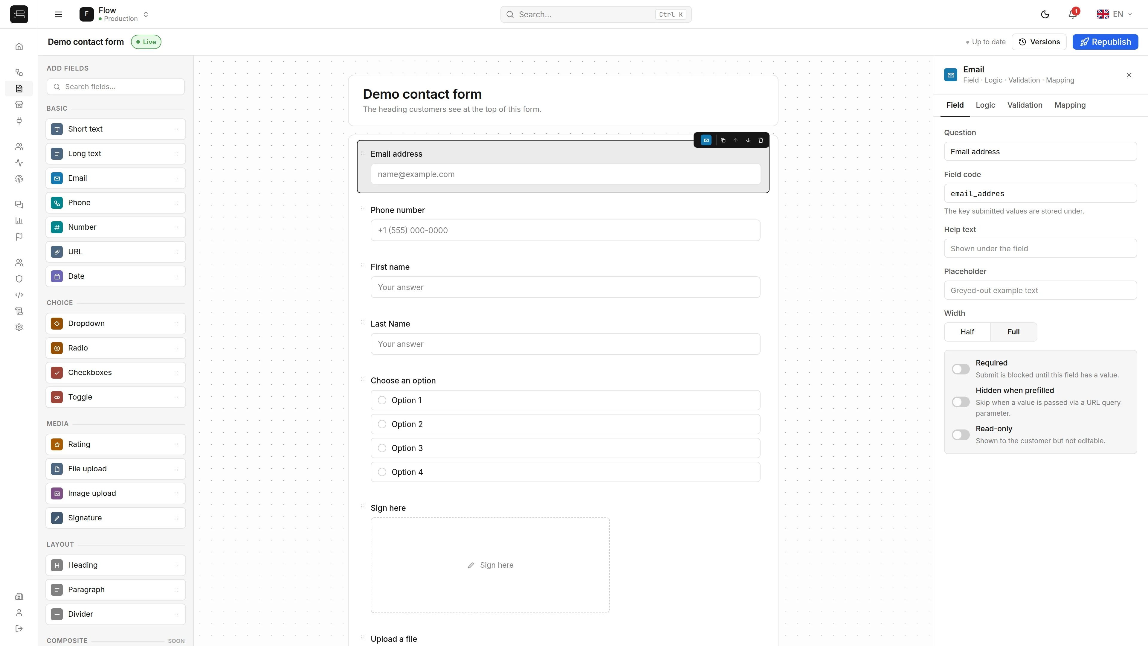 The three-pane form builder.