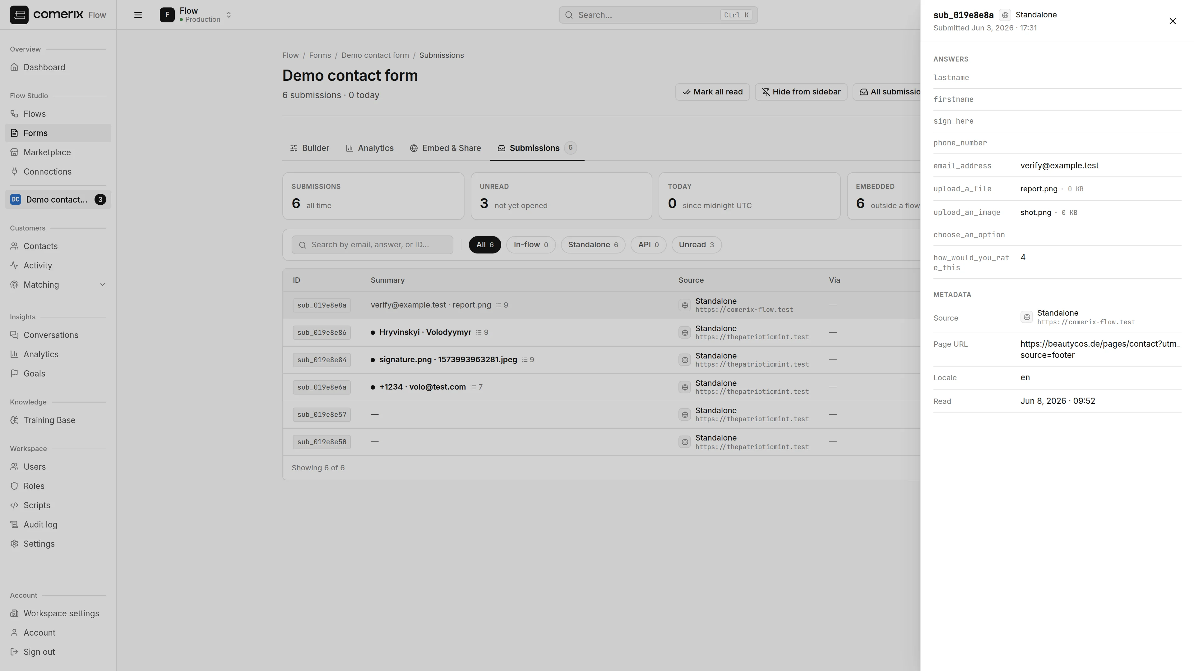 A submission's detail — answers on the left, metadata on the right including the full page URL and the read timestamp.