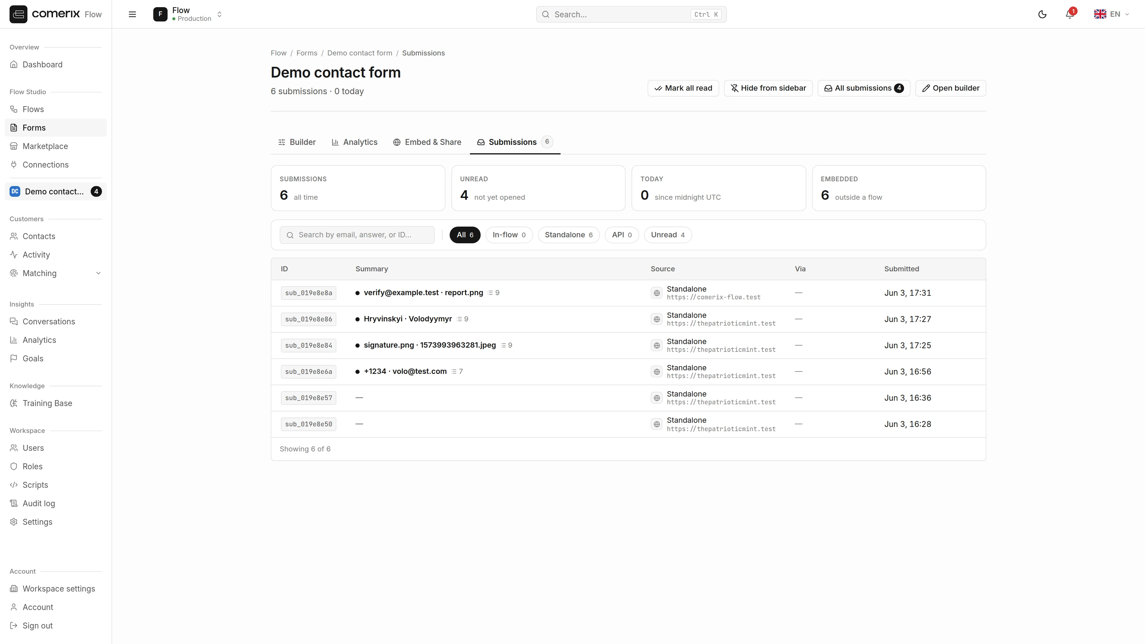 The per-form Submissions page — unread rows, the Unread metric and filter, the "All submissions" counter, and the form pinned to the sidebar as an app row.