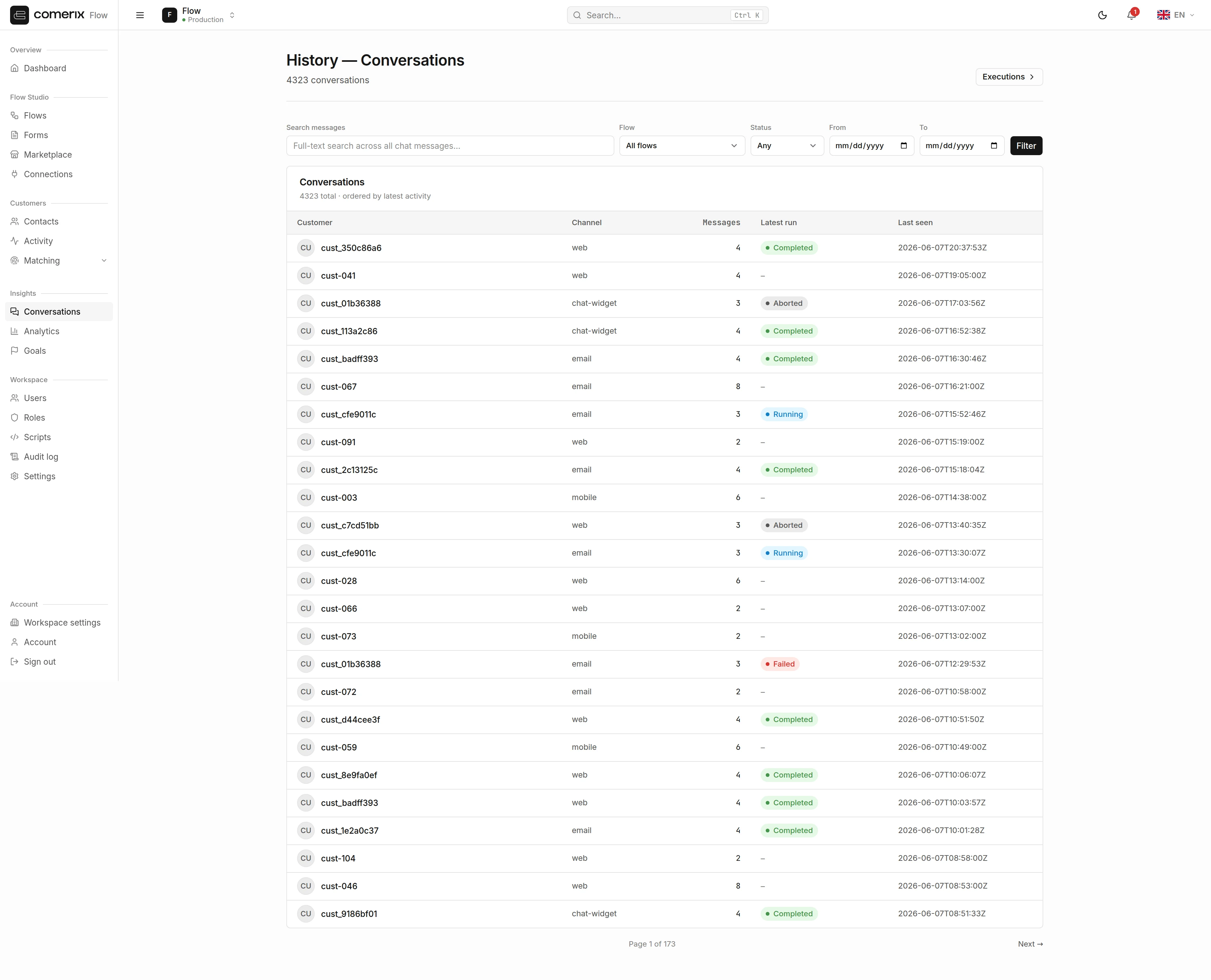 The conversations list with search and filters.